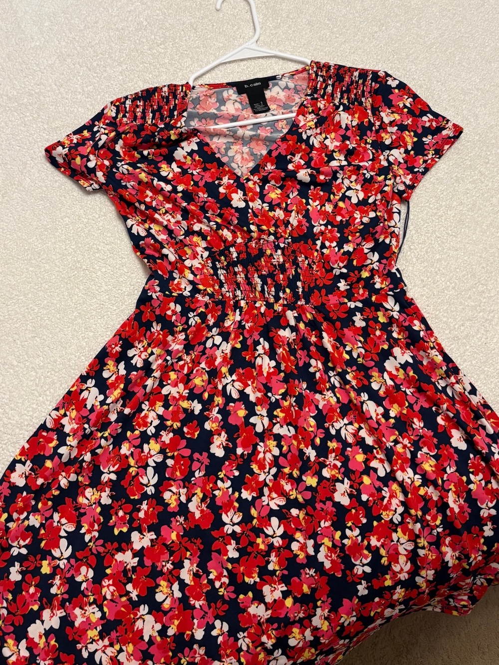 Floral V-Neck Smocked Waist Mini Dress in Navy with Red & Pink Flowers